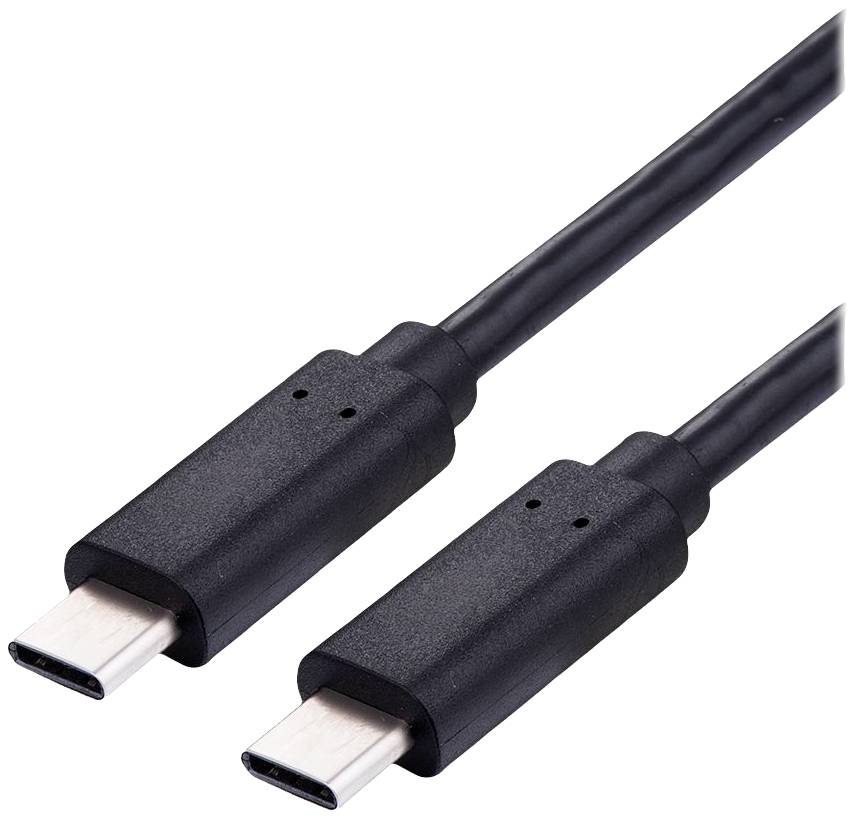 Ein schwarzes USB-C-Kabel mit zwei Steckerenden, die für den Anschluss an kompatible Geräte verwendet werden.
