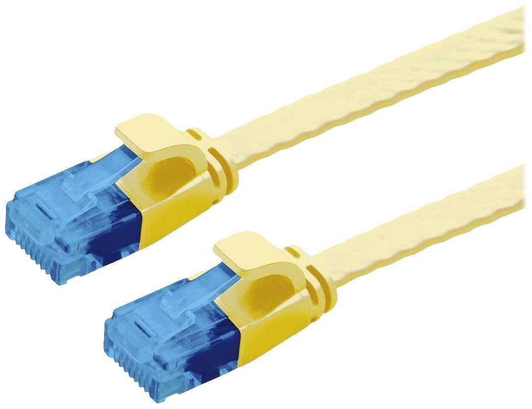 Zwei gelbe Ethernet-Kabel mit blauen Steckern liegen nebeneinander.