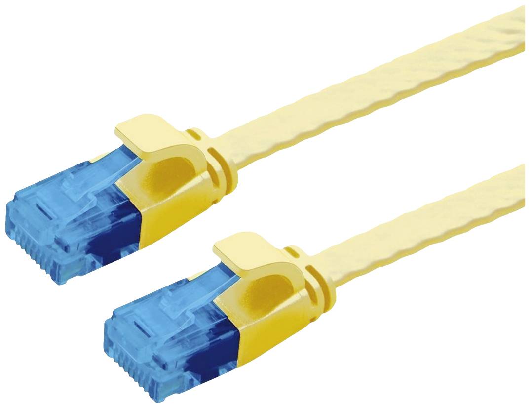 Zwei gelbe Ethernet-Kabel mit blauen Steckern auf weißem Hintergrund.