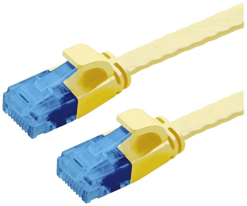 Zwei gelbe Netzwerkkabel mit blauen Steckern, die zur Verbindung von Geräten in einem Netzwerk verwendet werden können.