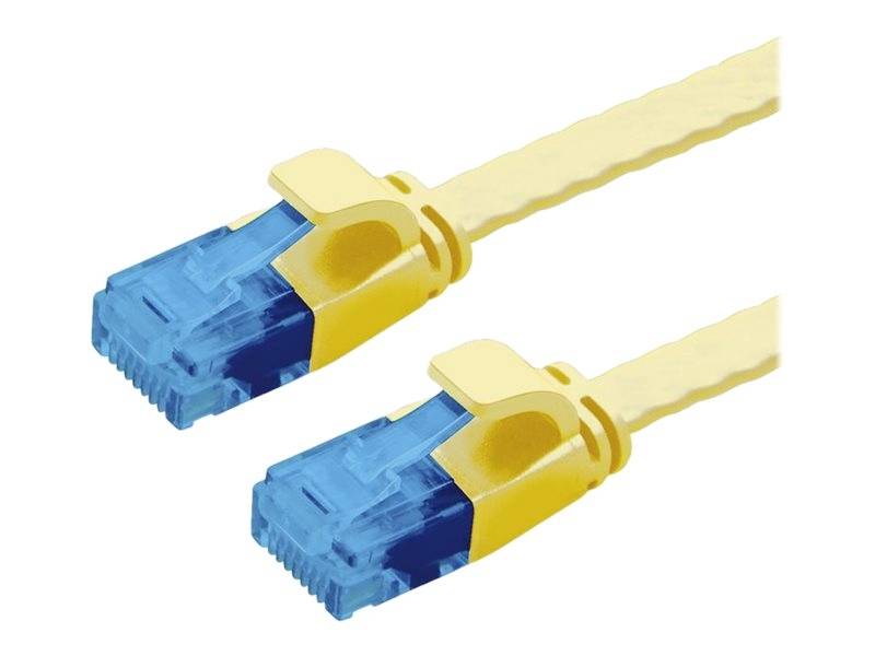 Zwei gelbe Ethernet-Kabel mit blauen Steckern, nebeneinander liegend, zeigen die Anschlüsse zueinander.