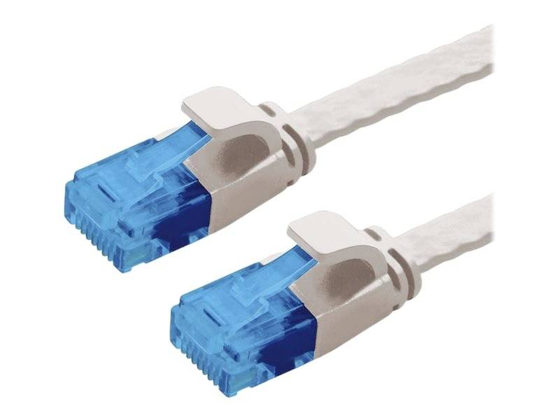 Zwei weiße Ethernet-Kabel mit blauen Steckern. Diese werden häufig zur Netzwerkverbindung in Computernetzwerken eingesetzt.