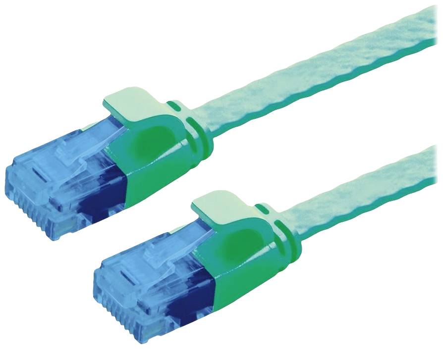 Zwei grüne und blaue Ethernet-Kabel mit RJ45-Steckern, nebeneinander liegend.