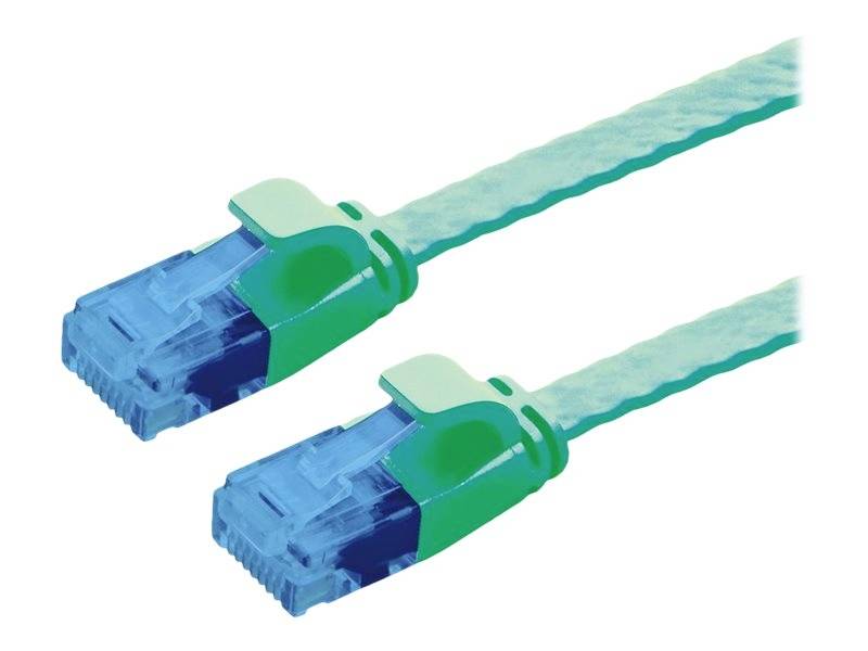 Zwei blaue Netzwerkkabel mit grünen Steckern liegen nebeneinander. Sie werden häufig zur Verbindung von Computern mit einem Netzwerk verwendet.