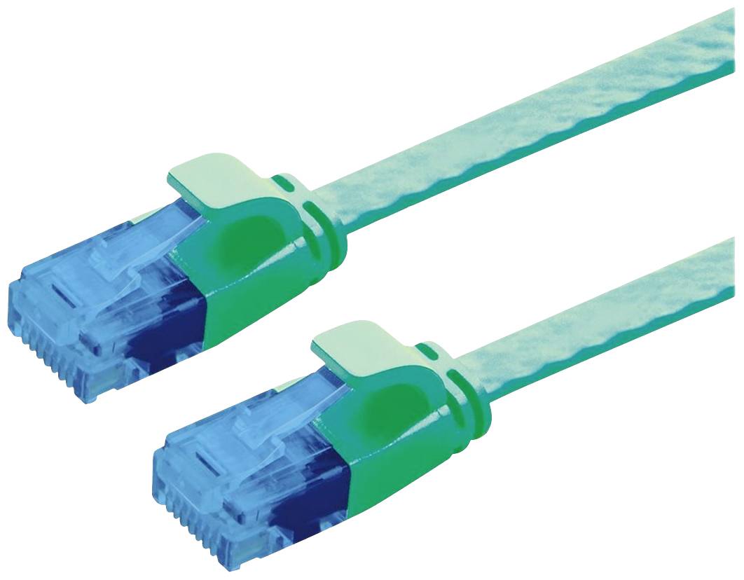 Zwei Cat6-Netzwerkkabel mit blauen Steckern und grünen Kappen, nebeneinander liegend. Sie werden zur Datenübertragung verwendet.