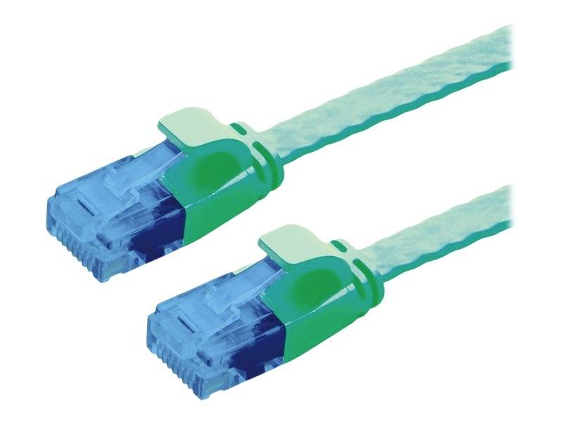 Zwei blau-grüne Netzwerkkabelstecker mit transparentem Gehäuse, symbolisieren Netzwerkverbindung oder Datenkommunikation.