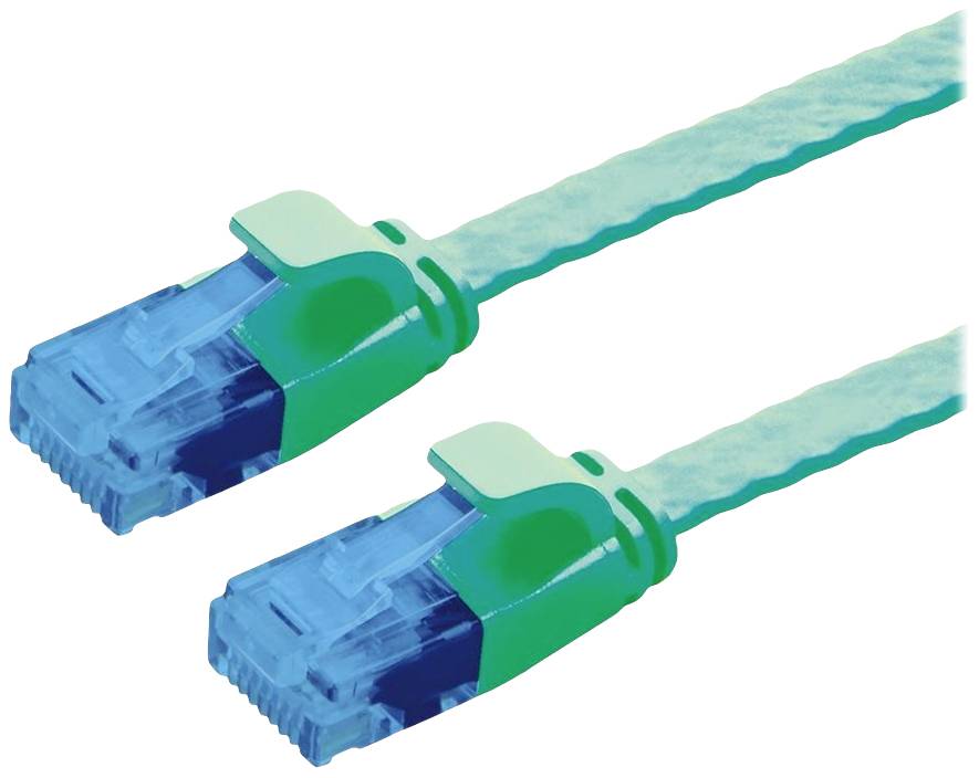 Zwei nebeneinander liegende, grün-blaue Ethernet-Kabelstecker, die für Netzwerkverbindungen verwendet werden.