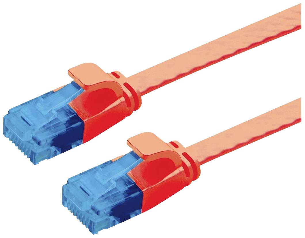 Zwei rote Ethernet-Kabel mit blauen Steckern, nebeneinander liegend. Sie sind bereit zur Verbindung von Netzwerkgeräten.