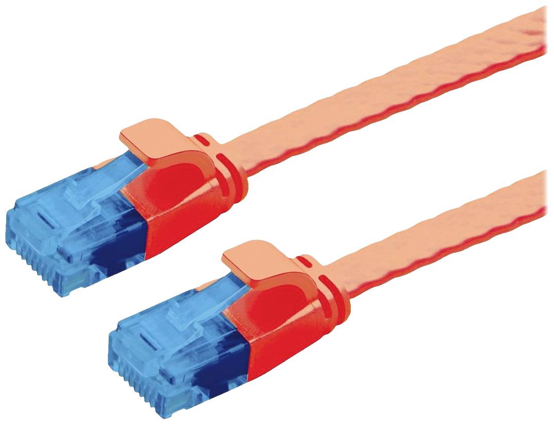 Zwei orange Ethernet-Kabel mit blauen Steckern auf weißem Hintergrund.