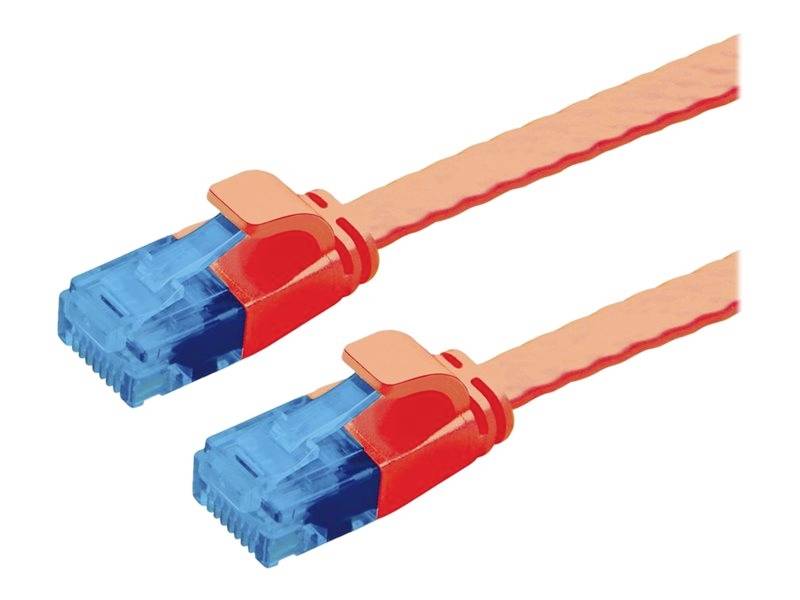 Ein orangenes Netzwerkkabel mit zwei blauen Steckern an beiden Enden, geeignet zur Verbindung von computergestützten Geräten.
