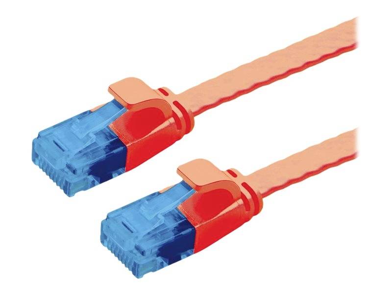 Zwei orangefarbene Ethernet-Kabel mit blauen Steckern. Sie sind nebeneinander positioniert und zeigen die Steckerseite.