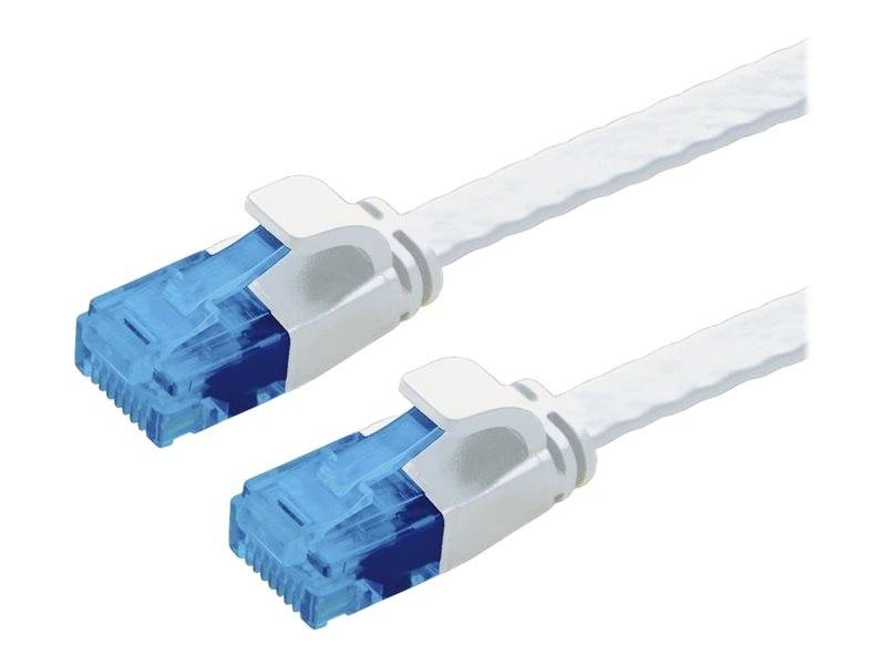 Zwei blaue Ethernet-Stecker an einem weißen Kabel, die für die Datenübertragung in Netzwerken verwendet werden.