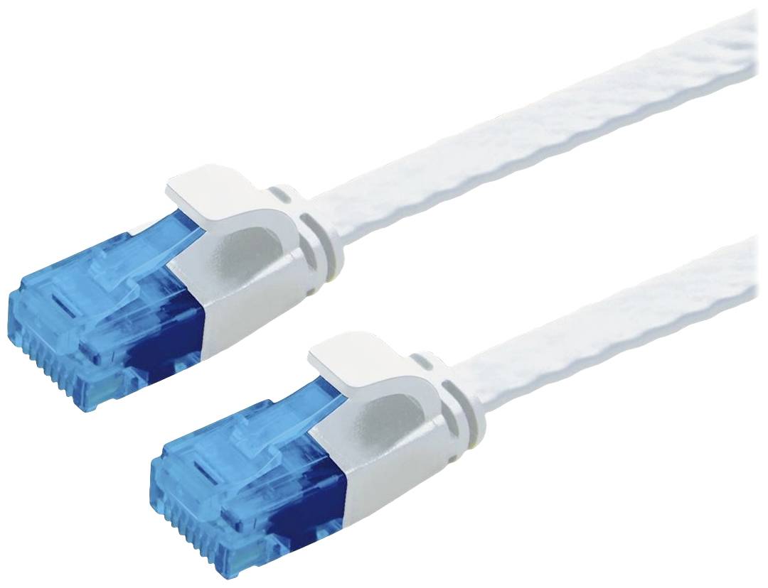 Zwei weiße Netzwerkkabel mit blauen Steckern, die zur Datenübertragung in Computernetzwerken verwendet werden.