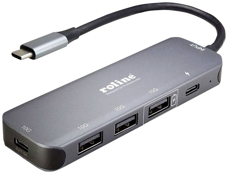 USB-C-Hub mit mehreren Anschlüssen: drei USB-Ports und ein HDMI-Ausgang. Geeignet für Geräte mit USB-C-Anschluss.