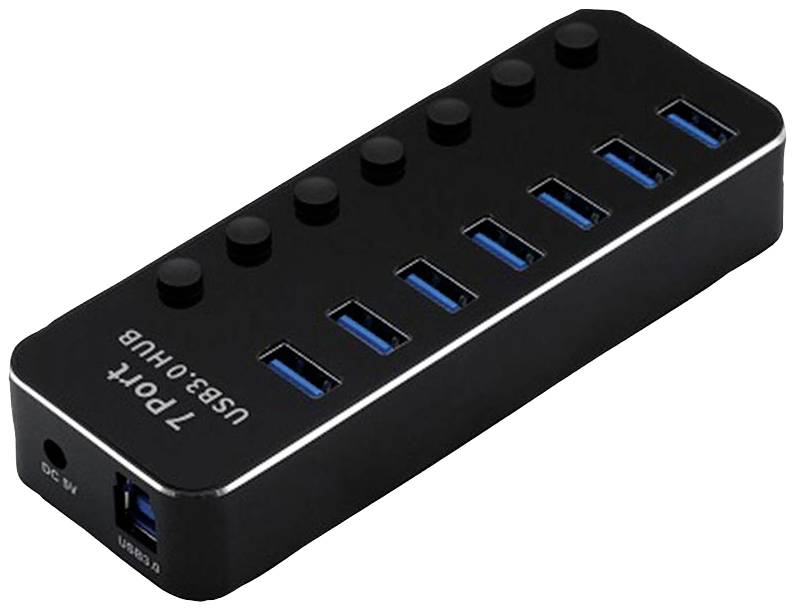Schwarzer 7-Port USB 3.0 Hub mit blauen Anschlüssen, rechteckige Form, seitliche Stromanschlüsse. Ideal zum Erweitern von USB-Verbindungen.