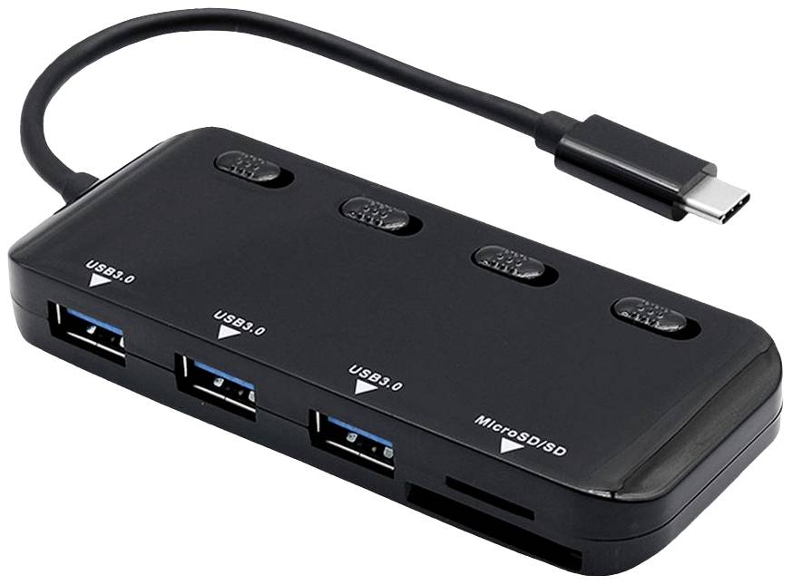USB-Hub mit vier USB-3.0-Anschlüssen und einem MicroSD/SD-Kartenleser, verbunden über USB-C-Kabel. Schwarzes Gehäuse.