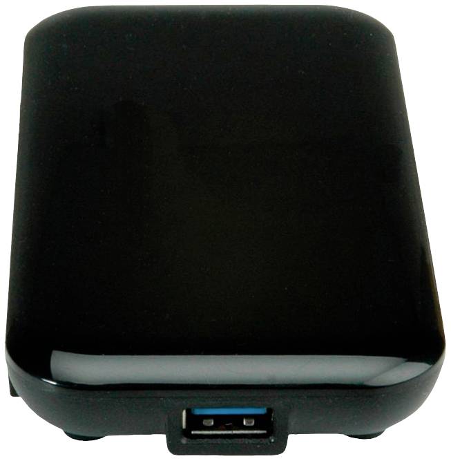 Eine schwarze externe Festplatte in rechteckiger Form mit abgerundeten Kanten und einem USB-Anschluss an der Vorderseite.