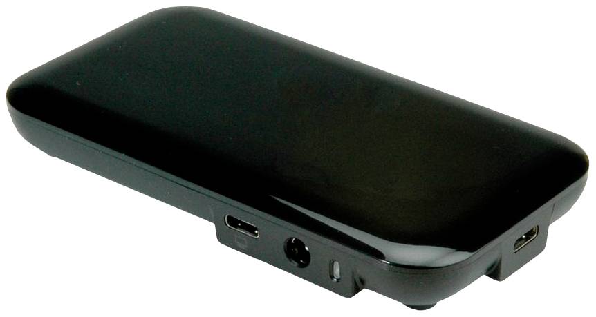 Ein schwarzes, rechteckiges elektronisches Gerät mit abgerundeten Ecken, zwei Anschlüssen und einem Knopf auf einer Seite.