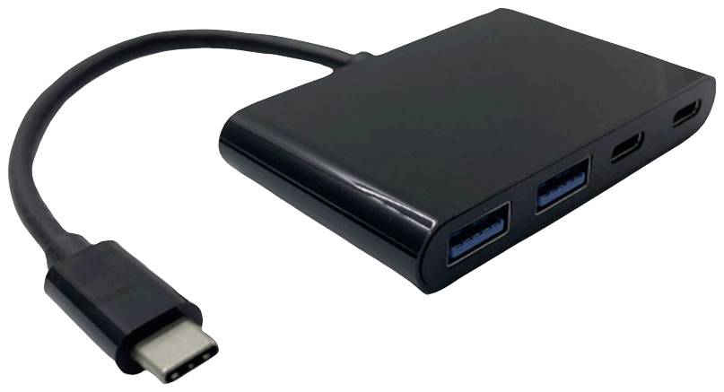 Ein schwarzer USB-C-Hub mit zwei USB-A- und zwei USB-C-Anschlüssen. Adapterkabel auf der linken Seite.