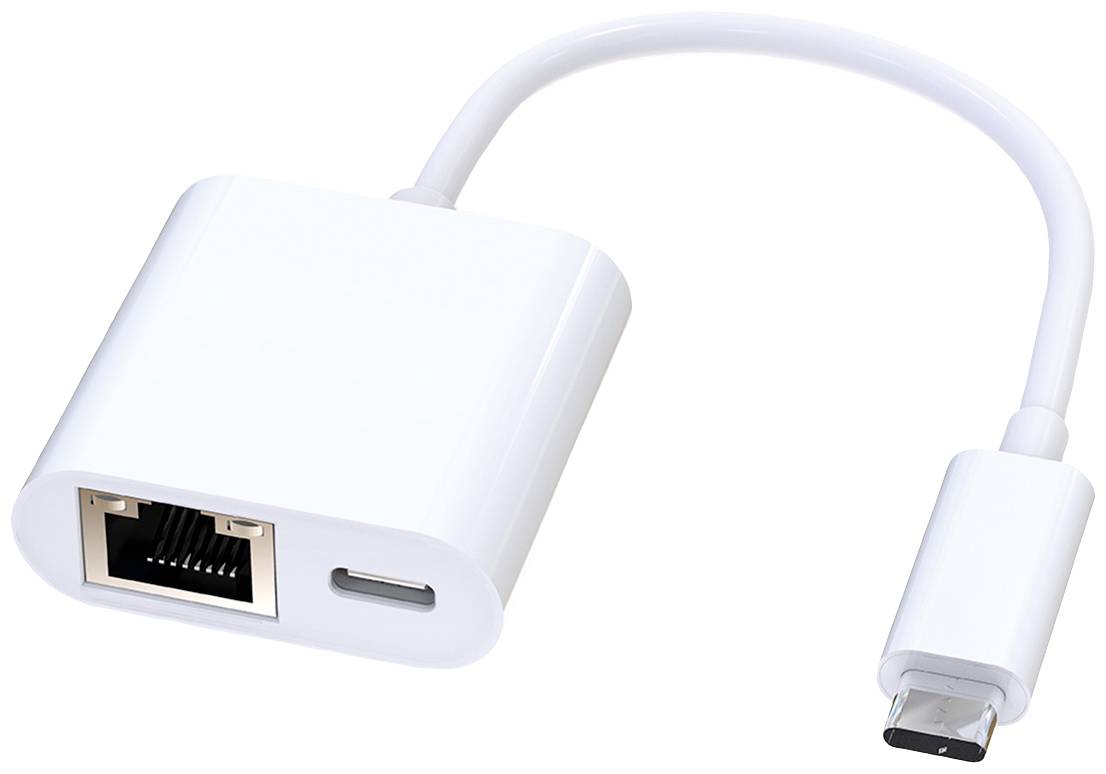 Ein weißer USB-C-Adapter mit einem Ethernet-Anschluss und einem USB-Anschluss, verwendet zur Verbindung eines Laptops mit Netzwerken.
