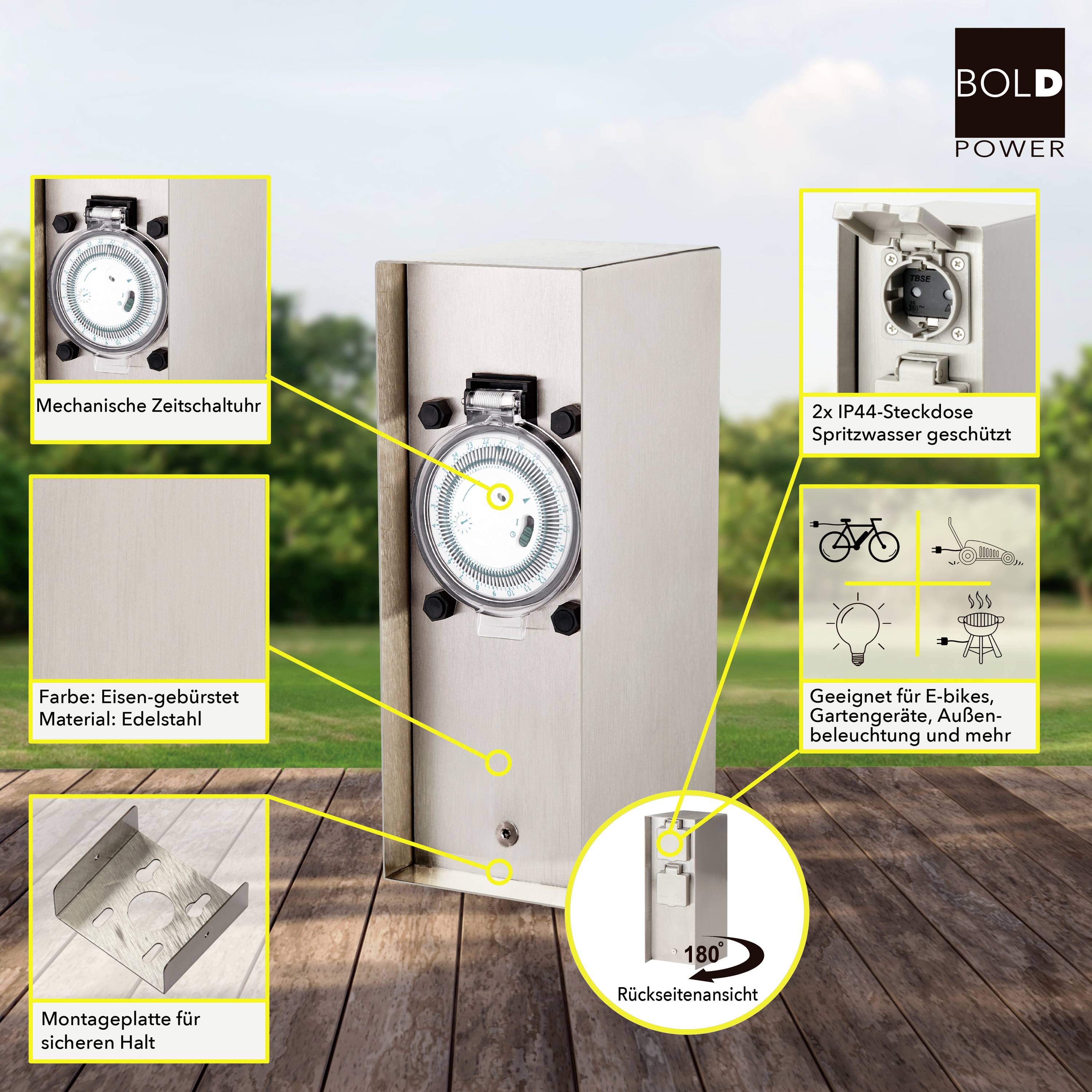 BOLD 10039 Gartensteckdose mit Zeitschaltuhr 2fach Edelstahl ohne Kabel, mit Zeitschaltuhr