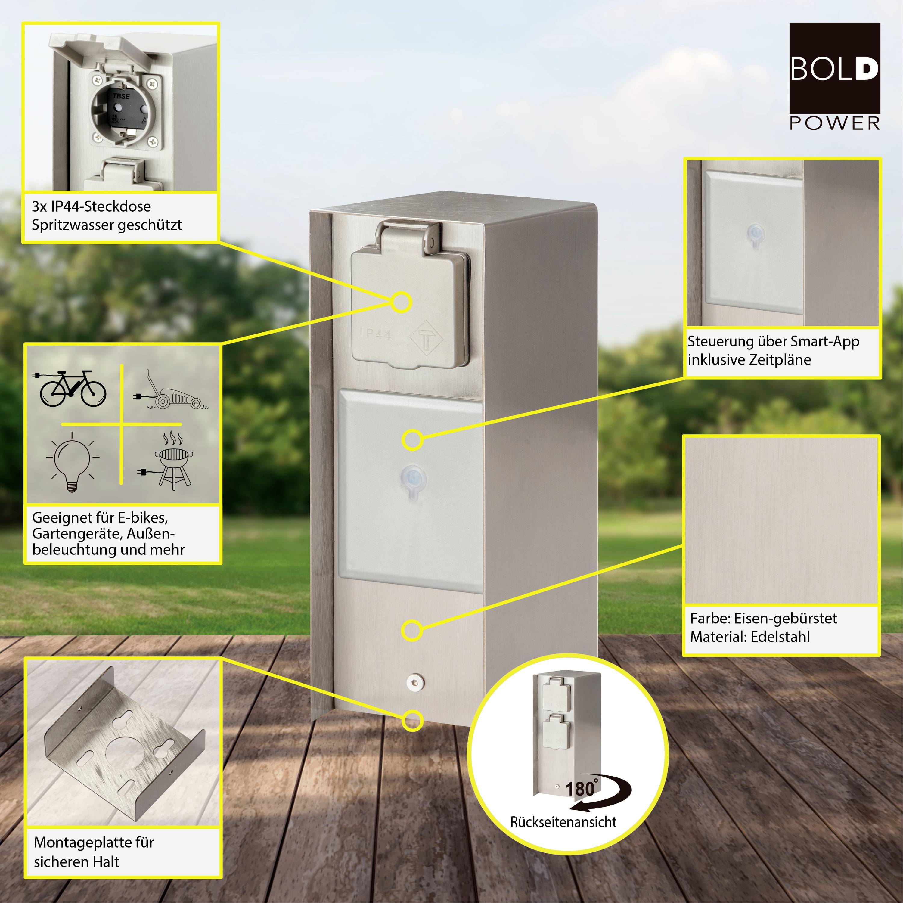 BOLD 10425 Gartensteckdose 3fach Edelstahl ohne Kabel, mit Schalter, mit Timer, per App steuerbar, programmierbar