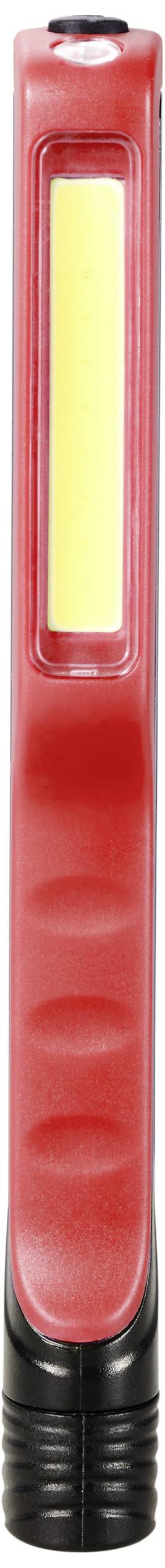 Rote, längliche Taschenlampe mit schwarzem Griff, LED-Leiste in der Mitte.