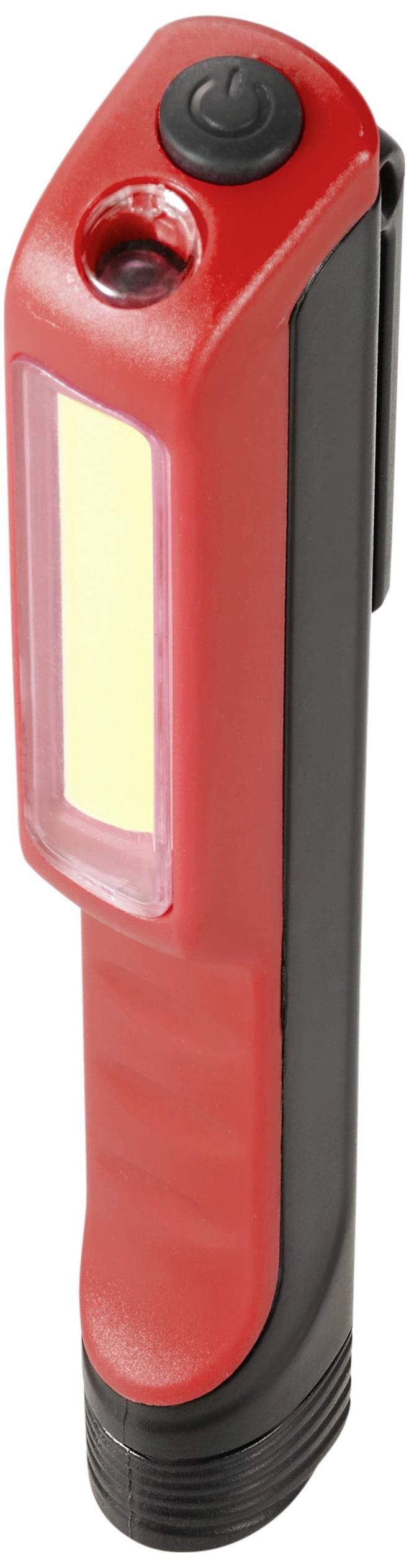 Rote LED-Taschenlampe mit schwarzem Griff. Oben befindet sich ein Ein-/Ausschalter. Geeignet für tragbare Lichtquellen.