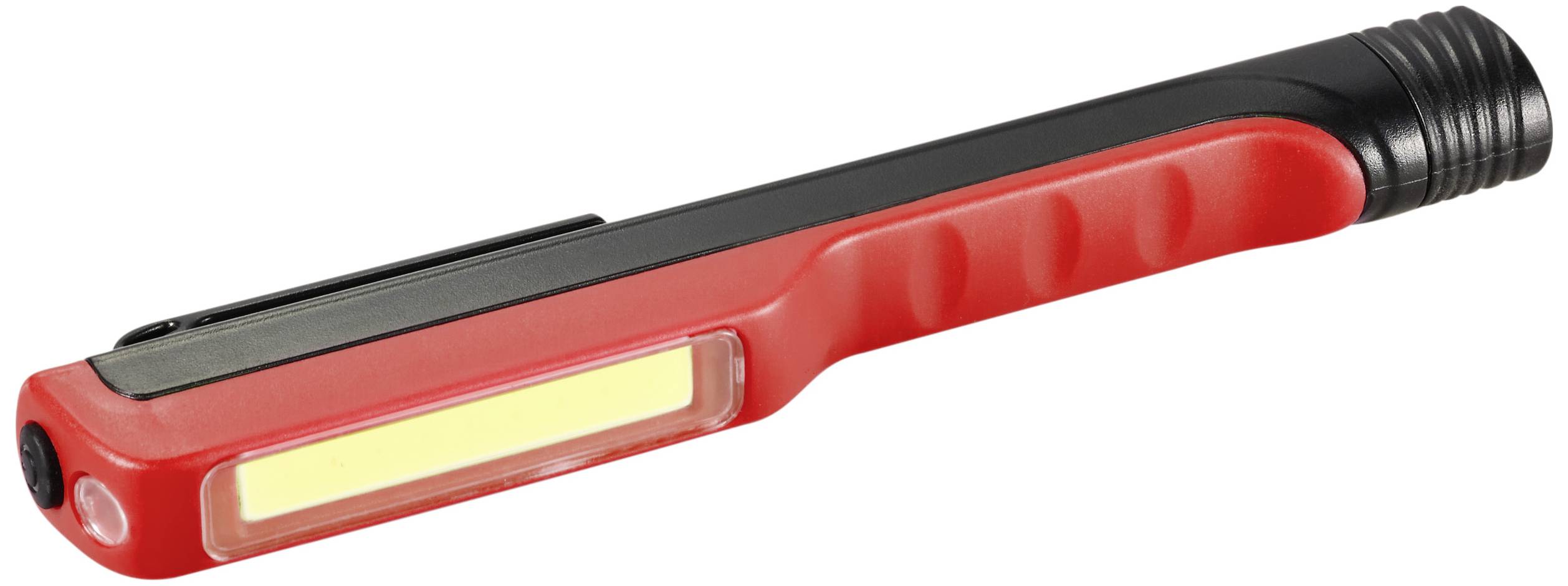 Eine rote LED-Arbeitslampe in Stiftform mit Clip, geeignet für präzise Beleuchtung in engen Bereichen.