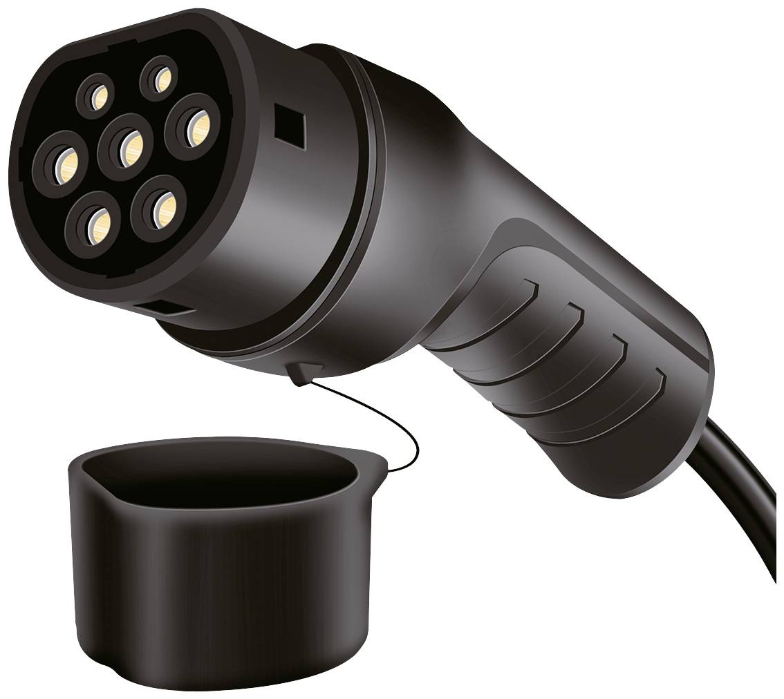 Schwarzer Stecker eines Elektroautoladekabels mit mehreren Kontakten, daneben abnehmbarer Schutzkappe. Geeignet für Elektrofahrzeuge.