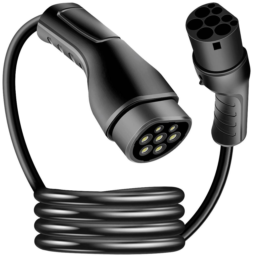 Schwarzes Ladekabel für Elektrofahrzeuge mit einem Stecker auf jeder Seite, zeigen die kreisförmigen Pins und das gerollte Kabel.