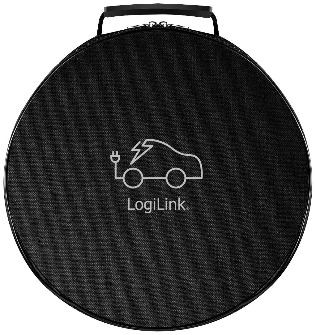 Runde schwarze Hülle mit Logo eines E-Autos und dem Schriftzug 'LogiLink' in der Mitte.