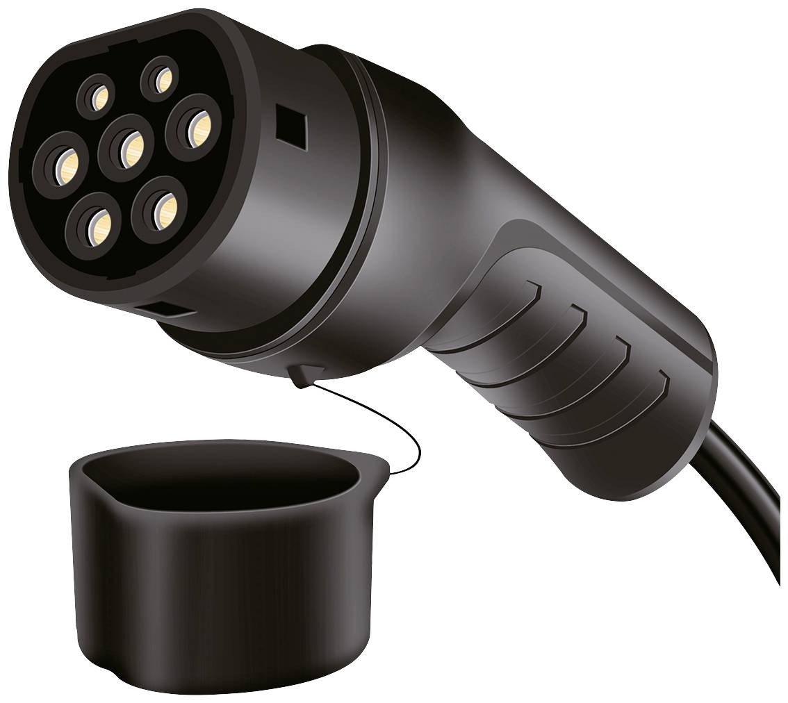 Elektroauto-Ladekabel mit Stecker, zeigt Details der Anschlüsse.