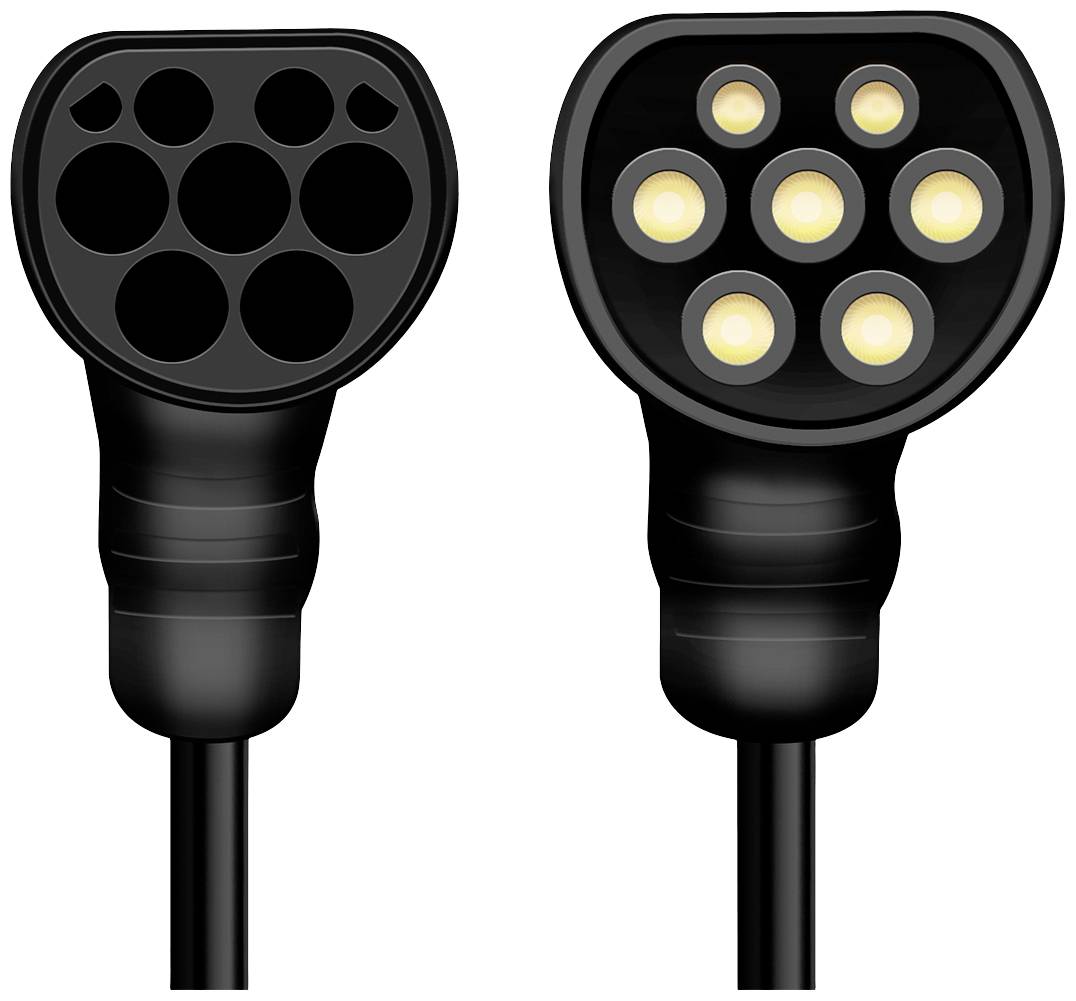 Typ 1 und Typ 2 Ladestecker für Elektrofahrzeuge nebeneinander gezeigt. Typ 1 hat fünf Anschlüsse, Typ 2 hat sieben Anschlüsse.