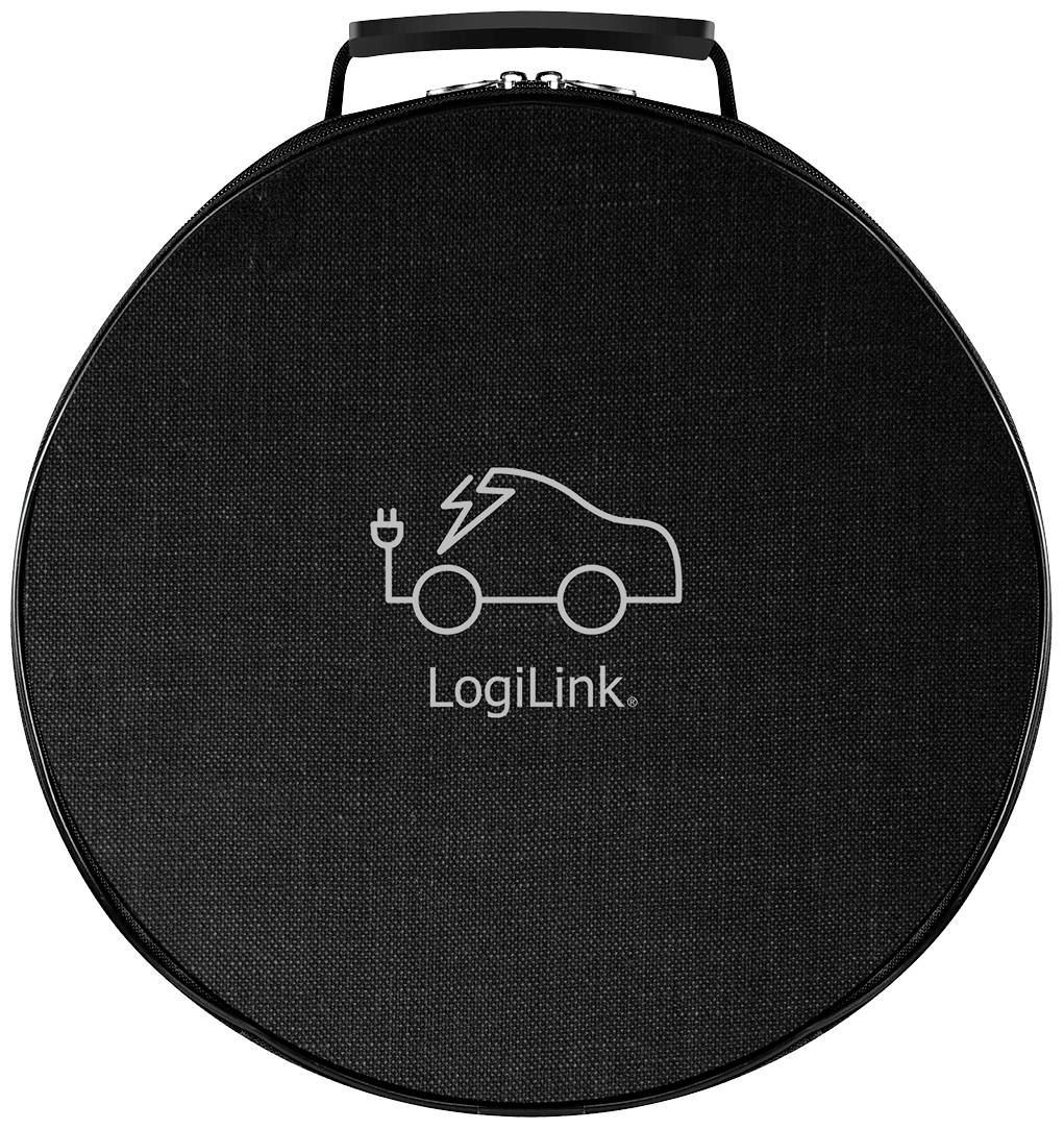 Schwarze, runde Transporttasche mit Autofront-Skizze und Stecker-Symbol, darunter der Schriftzug 'LogiLink'.