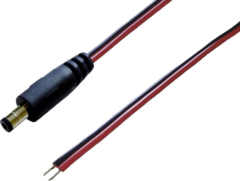 'Schwarz-rotes Stromkabel mit Gleichstromstecker' zeigt ein geteiltes Kabel; ein Ende hat einen Standardstecker, das andere offene Drähte.