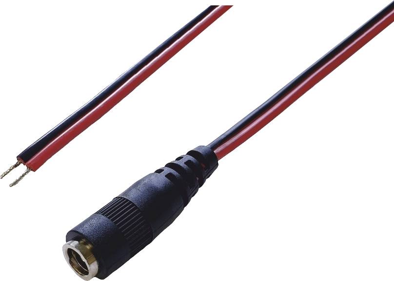Ein Audiokabel mit einem schwarzen Klinkenstecker und zwei abisolierten roten und schwarzen Drähten am anderen Ende.