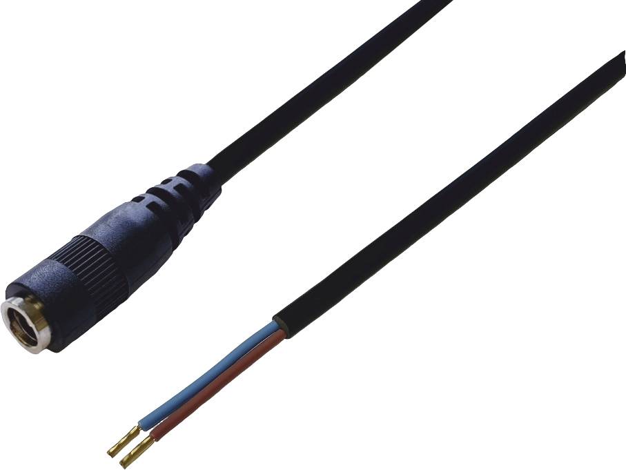 Schwarzes Kabel mit weiblichem Buchsenanschluss auf der einen und zwei abisolierten Drahtenden in Blau und Rot auf der anderen Seite.