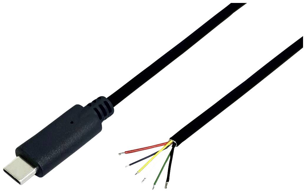 Ein schwarzes USB-C-Kabel mit einem offenen Ende, das fünf freiliegende Drahtadern in verschiedenen Farben zeigt.