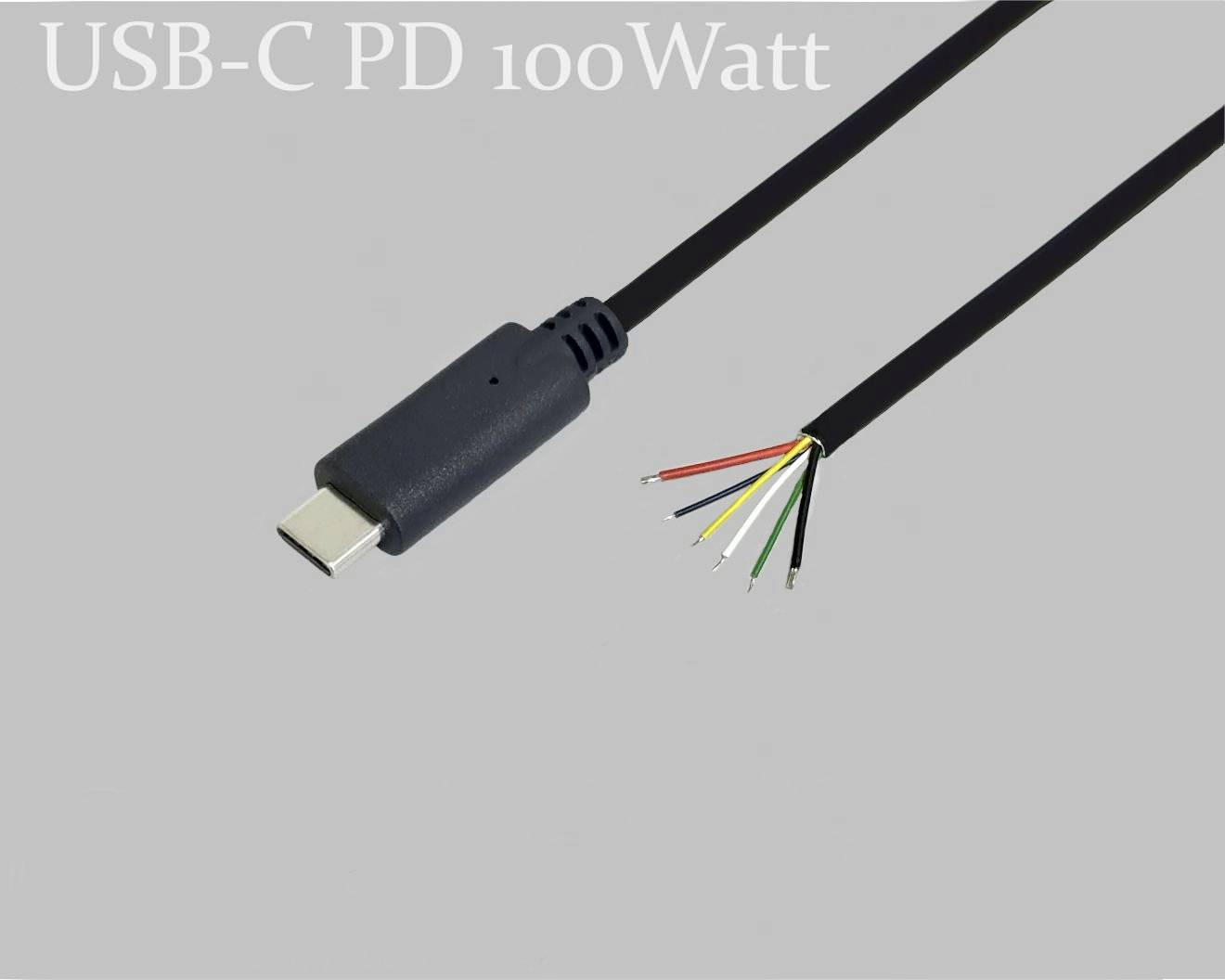 Ein USB-C-Kabel, eine Seite mit Stecker, andere mit offenen Drähten in verschiedenen Farben. Text: 'USB-C PD 100Watt'.