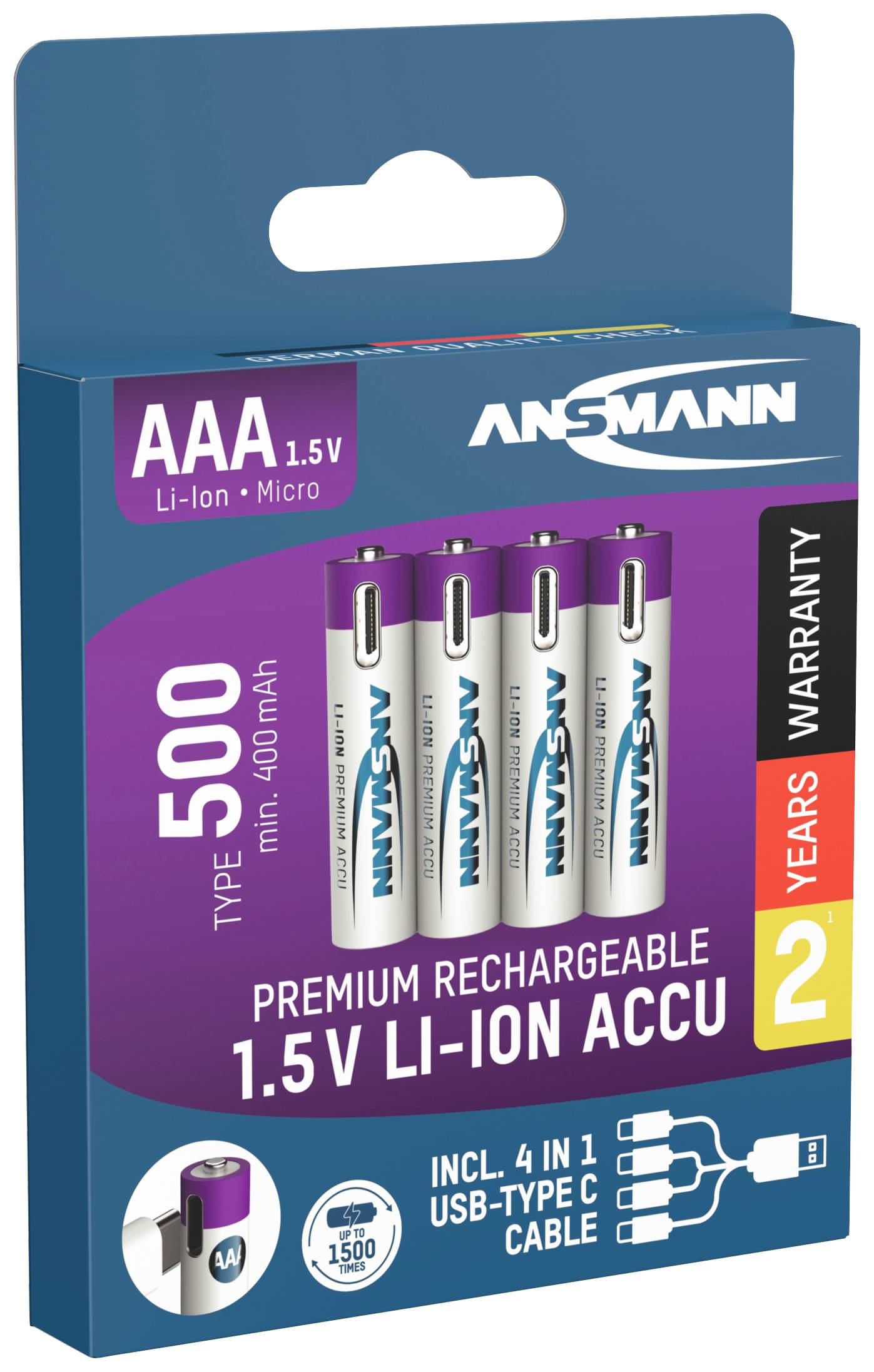 Ansmann LR03 USB-C USB-C® Akku Li-Ion 500 mAh 1.5V 4St.