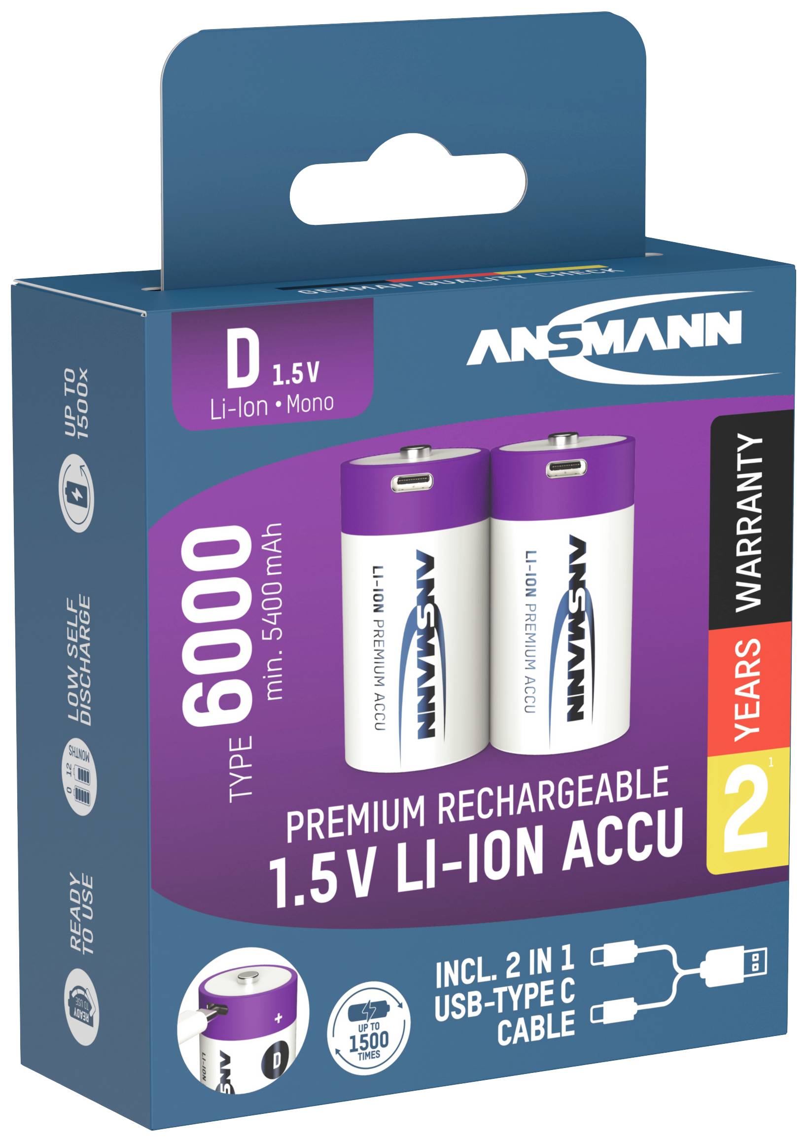 Ansmann LR20 USB-C Mono (D)-Akku Li-Ion 6000 mAh 1.5 V 2 St.