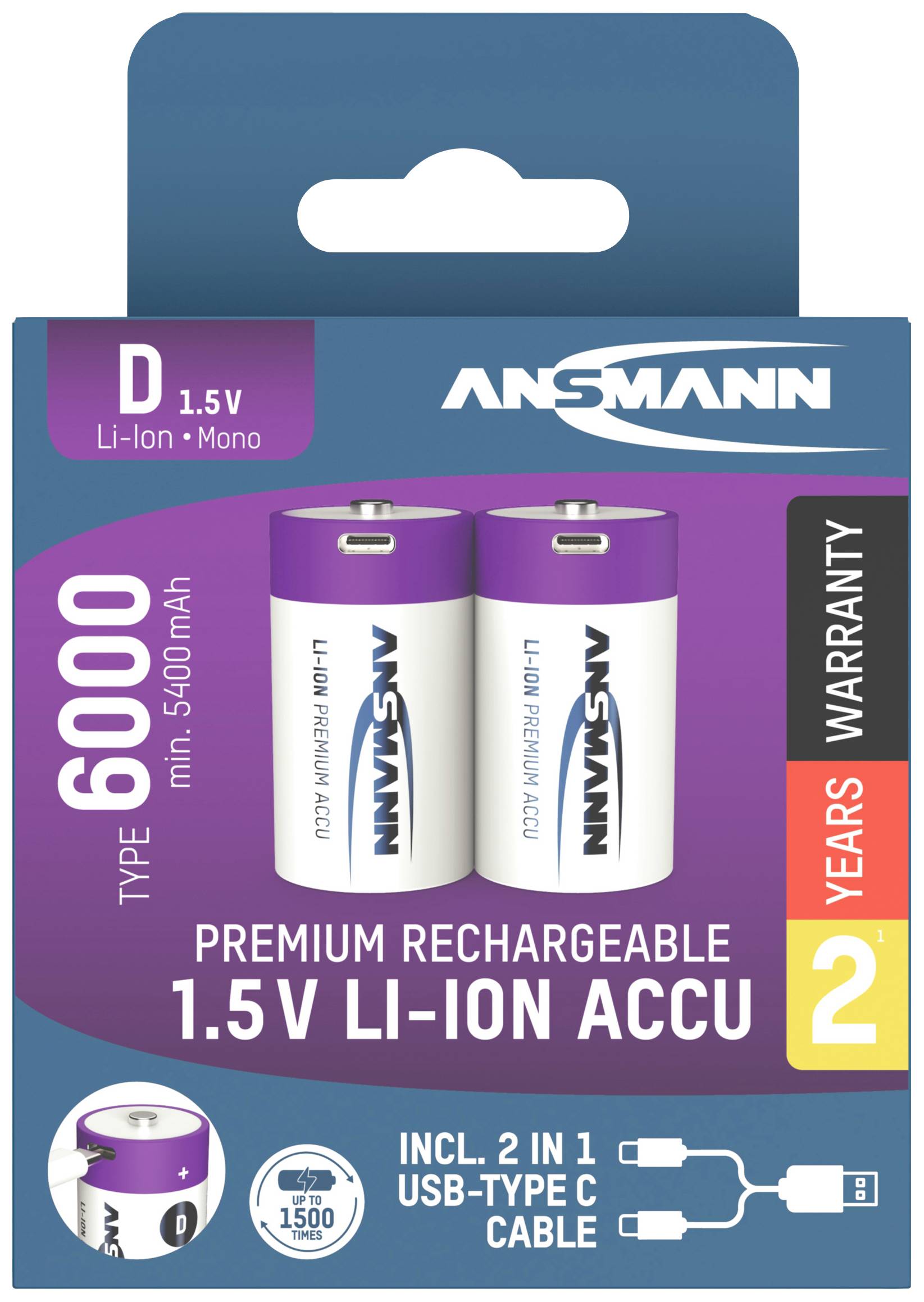 Ansmann LR20 USB-C Mono (D)-Akku Li-Ion 6000 mAh 1.5V 2St.