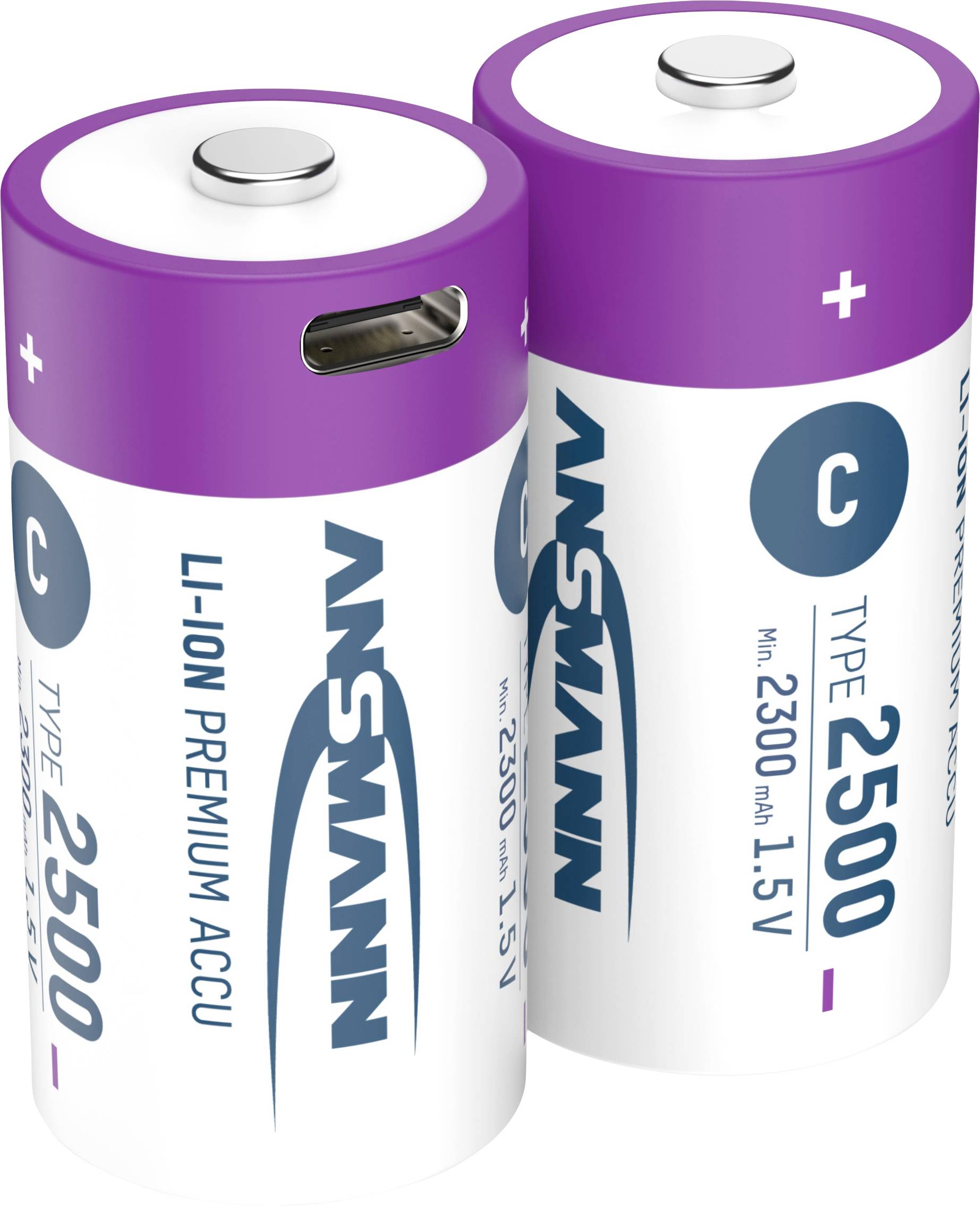 Zwei lila-weiße C-Typ Akkus mit der Aufschrift 'ANSMANN', 2500 mAh und 1,5 V.
