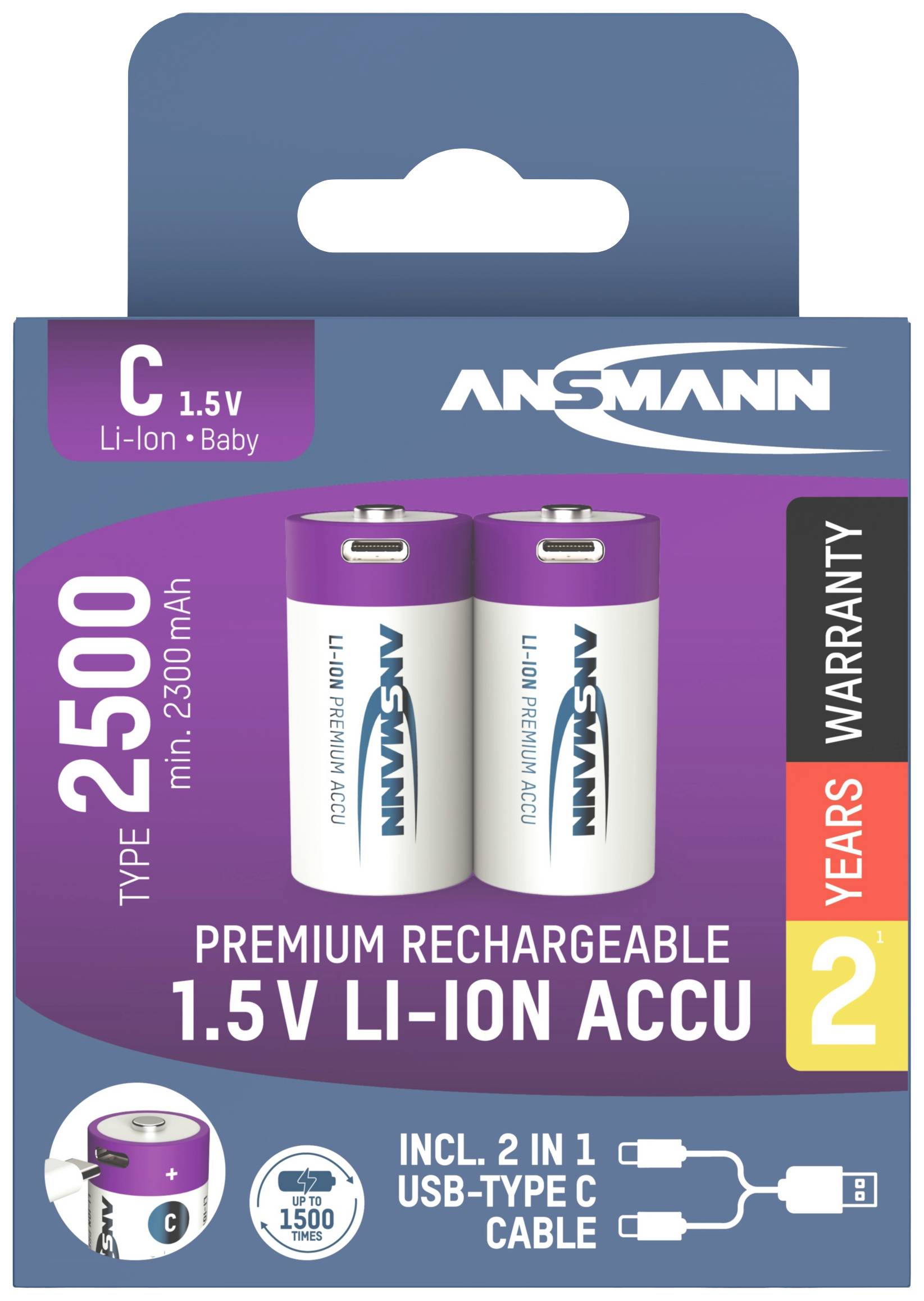 Ansmann LR15 USB-C Baby (C)-Akku Li-Ion 2500 mAh 1.5 V 2 St.
