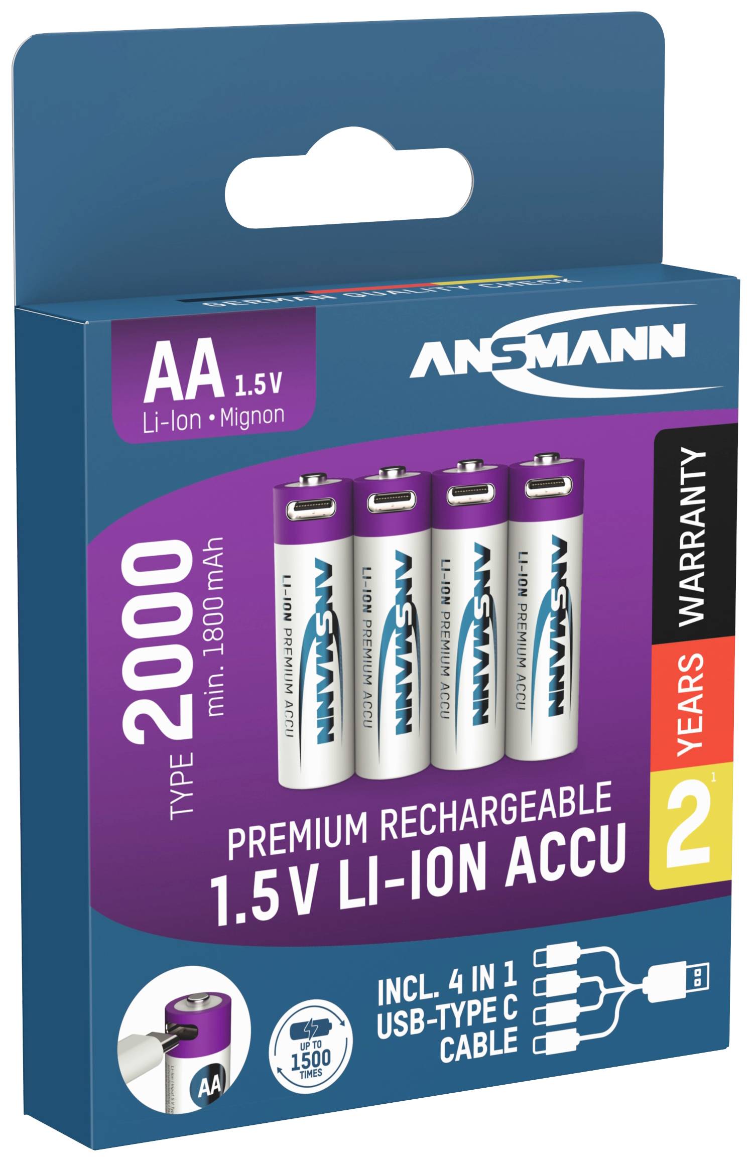 Ansmann USB-C® Akku Li-Ion 2000 mAh 1.5V 4St.
