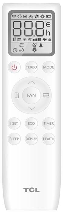 Eine weiße Fernbedienung für eine Klimaanlage mit großem Display oben und mehreren Tasten darunter, darunter 'FAN', 'MODE', 'ECO'.