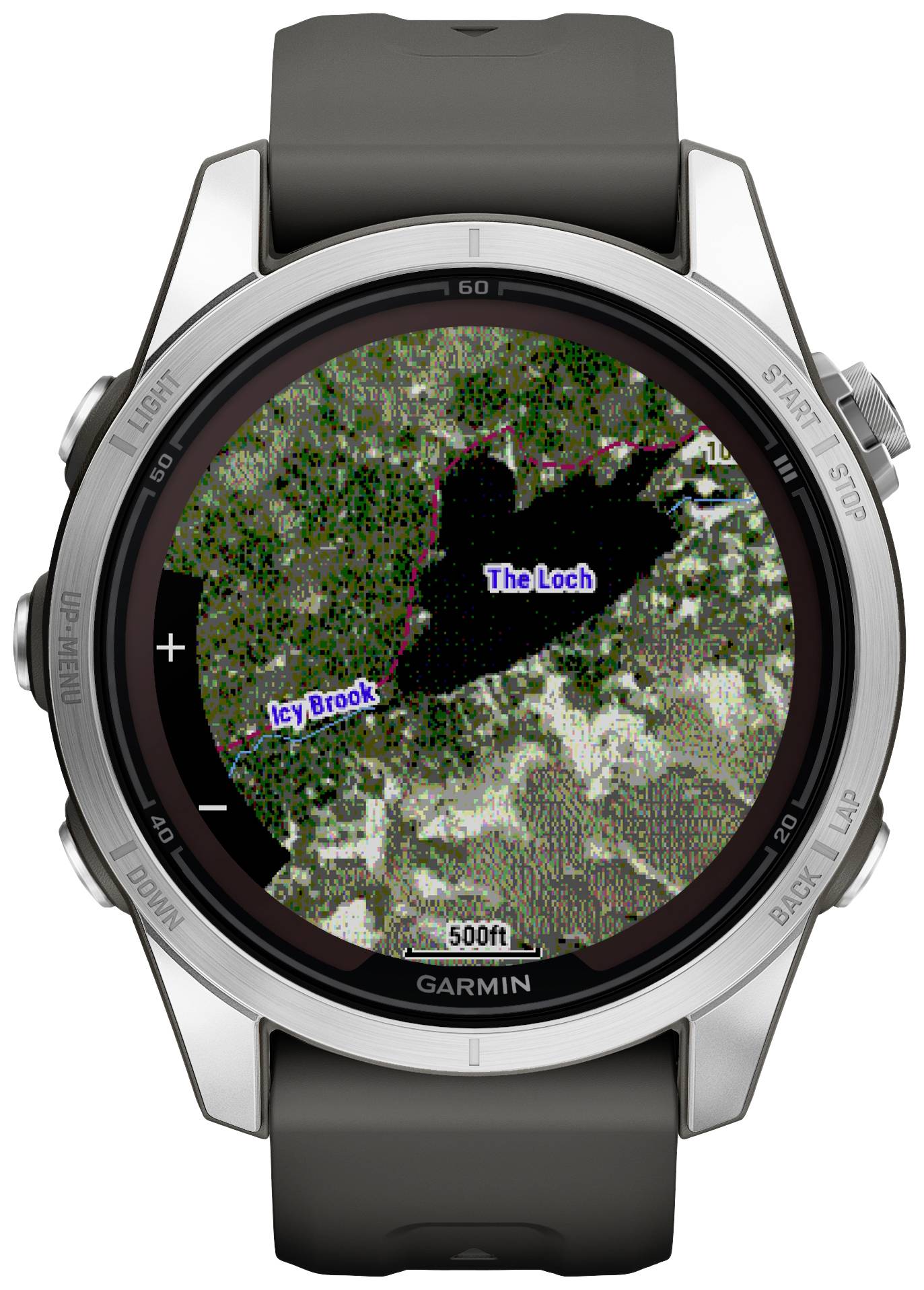 Eine Smartwatch zeigt eine topografische Karte mit einem markierten Weg. Orte wie 'Icy Brook' und 'The Loch' sind hervorgehoben.
