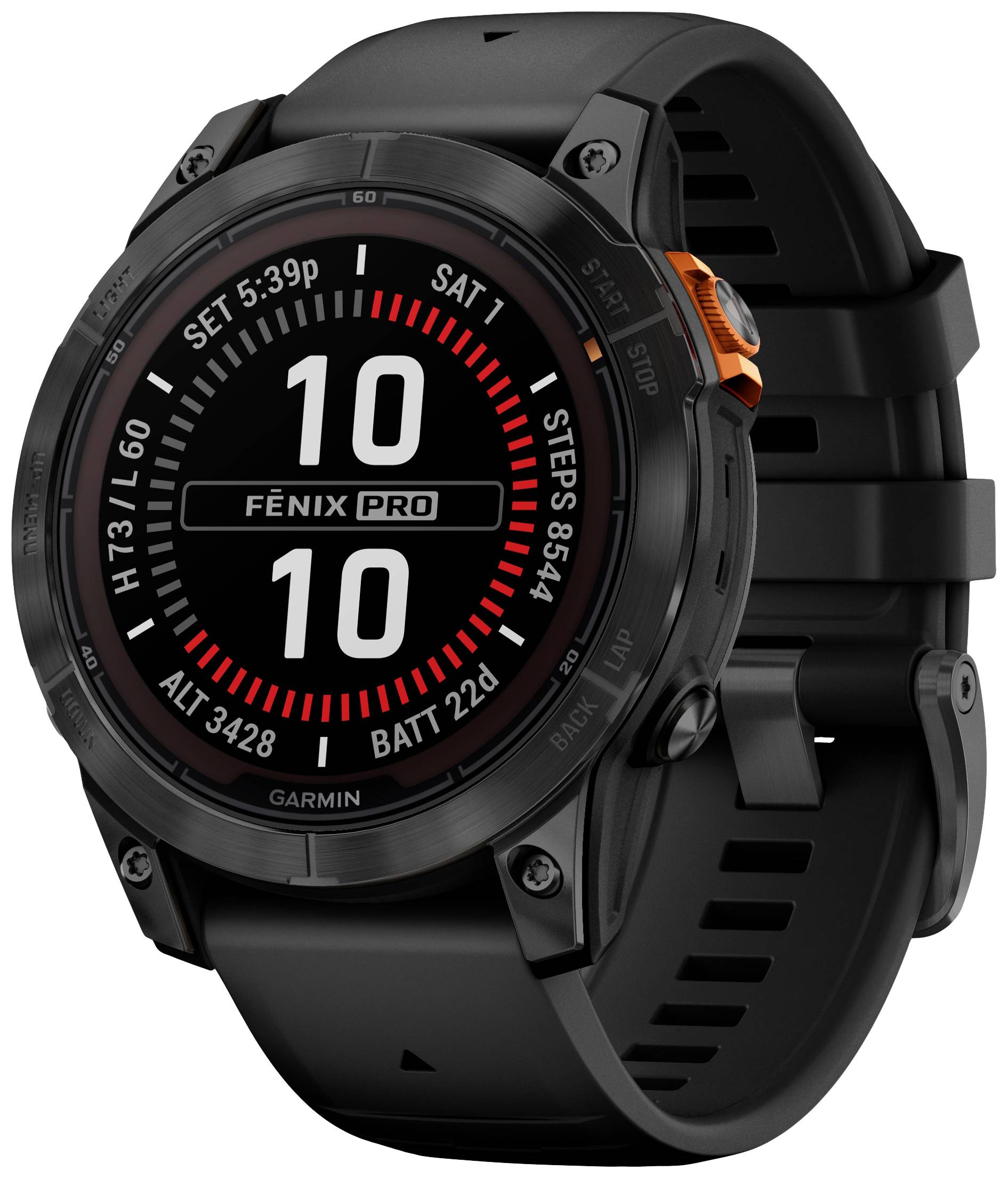 Eine schwarze Smartwatch mit rundem Display zeigt Uhrzeit '10:10' und Schritte '8544'. Armband aus schwarzem Gummi.