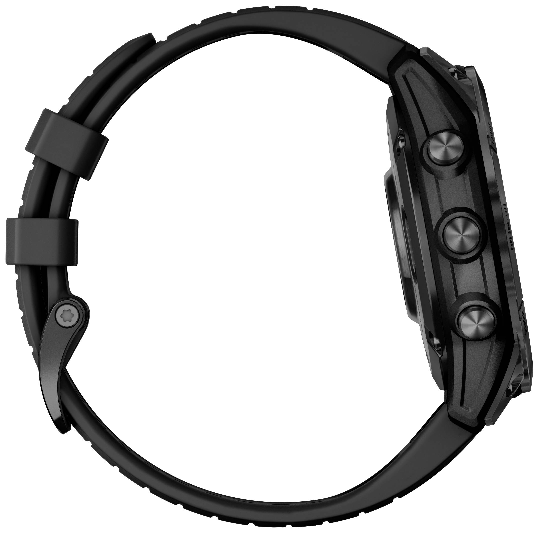 Schwarze Armbanduhr seitlich gesehen, zeigt Gehäuse und Bedienknöpfe.
